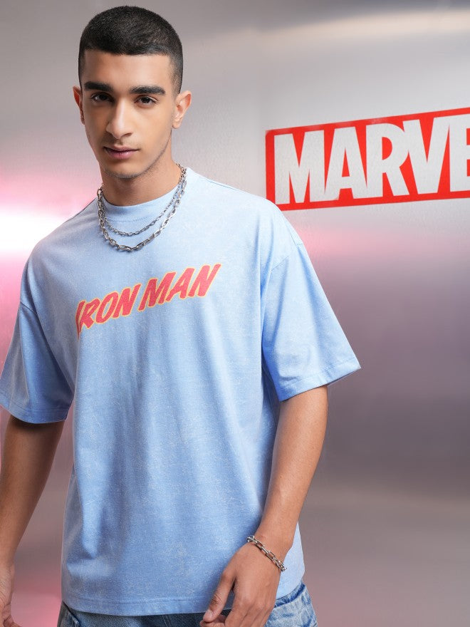 Marvel By Highlander Men Blue Iron Man Printed Round Neck Oversized Fit T-Shirt - Blue - Image 3