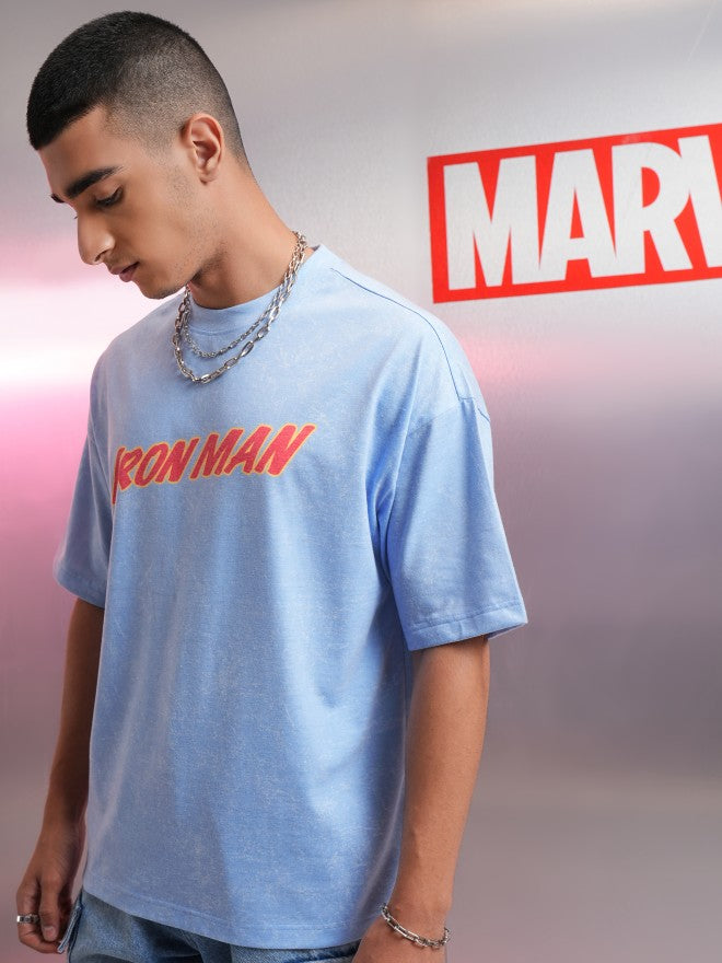 Marvel By Highlander Men Blue Iron Man Printed Round Neck Oversized Fit T-Shirt - Blue - Image 4