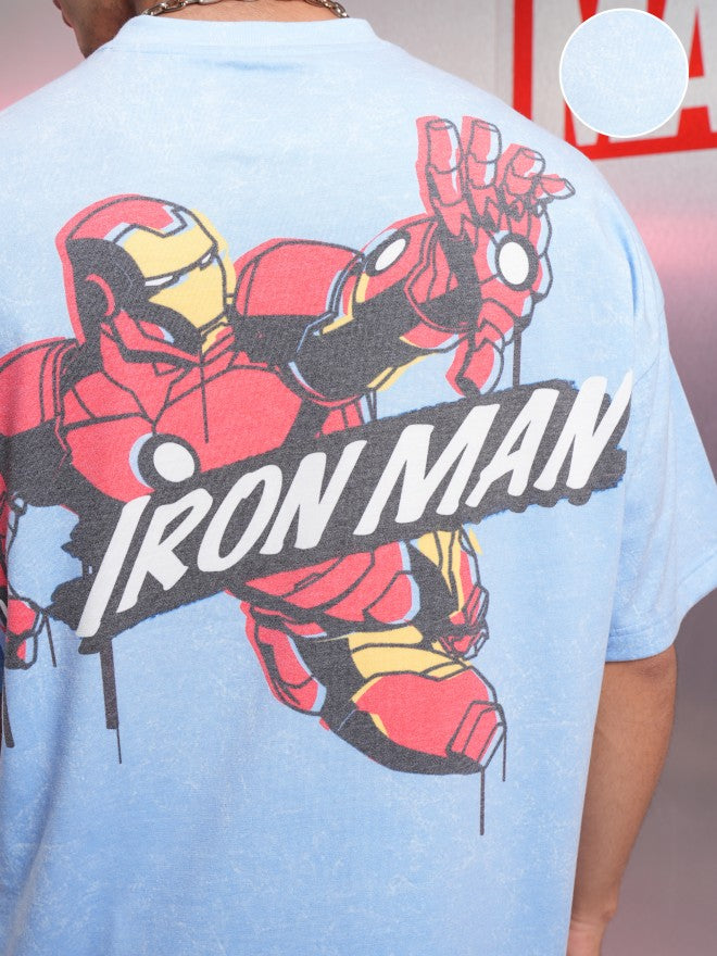 Marvel By Highlander Men Blue Iron Man Printed Round Neck Oversized Fit T-Shirt - Blue - Image 5