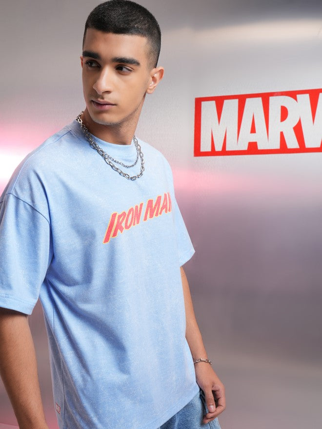 Marvel By Highlander Men Blue Iron Man Printed Round Neck Oversized Fit T-Shirt - Blue - Image 6
