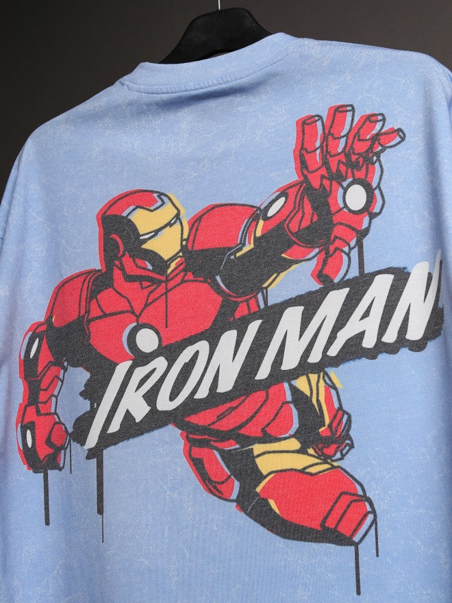 Marvel By Highlander Men Blue Iron Man Printed Round Neck Oversized Fit T-Shirt - Blue - Image 8