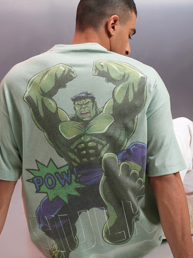 Marvel By Highlander Men Green Hulk Printed Round Neck Oversized Fit T-Shirt - Green - Image 1