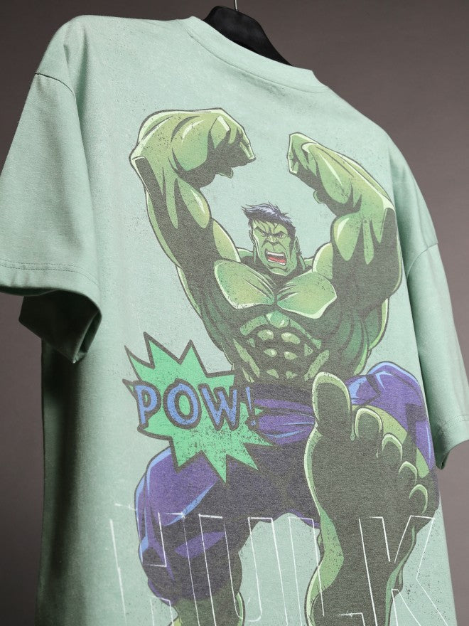 Marvel By Highlander Men Green Hulk Printed Round Neck Oversized Fit T-Shirt - Green - Image 8