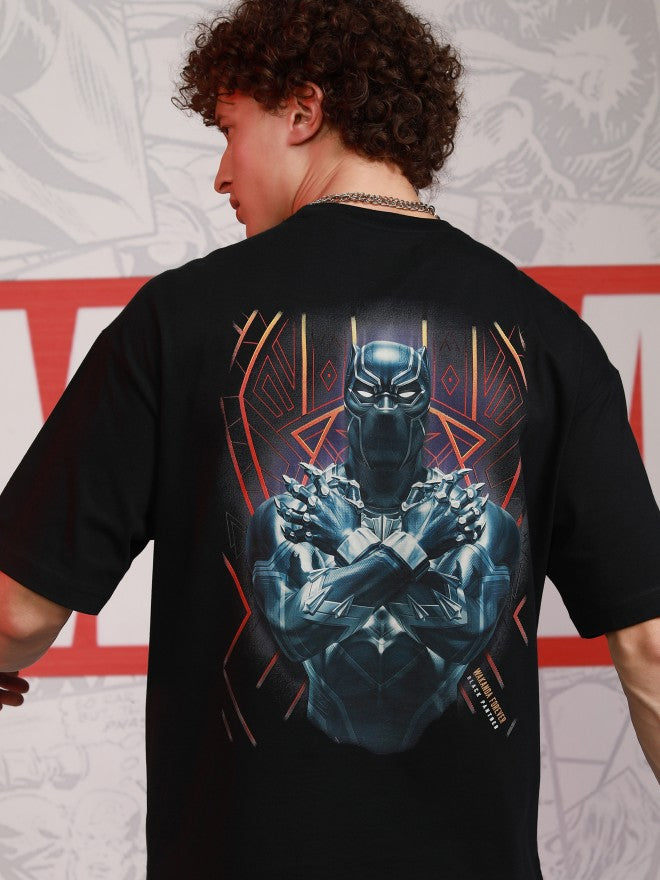 Marvel By Highlander Men Black Black Panther Printed Round Neck Oversized Fit T-Shirt - Black - Image 1