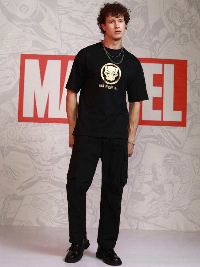 Marvel By Highlander Men Black Black Panther Printed Round Neck Oversized Fit T-Shirt - Black - Image 2