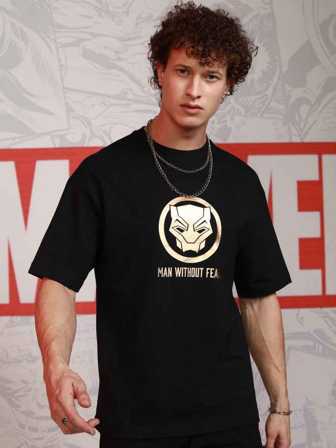 Marvel By Highlander Men Black Black Panther Printed Round Neck Oversized Fit T-Shirt - Black - Image 3