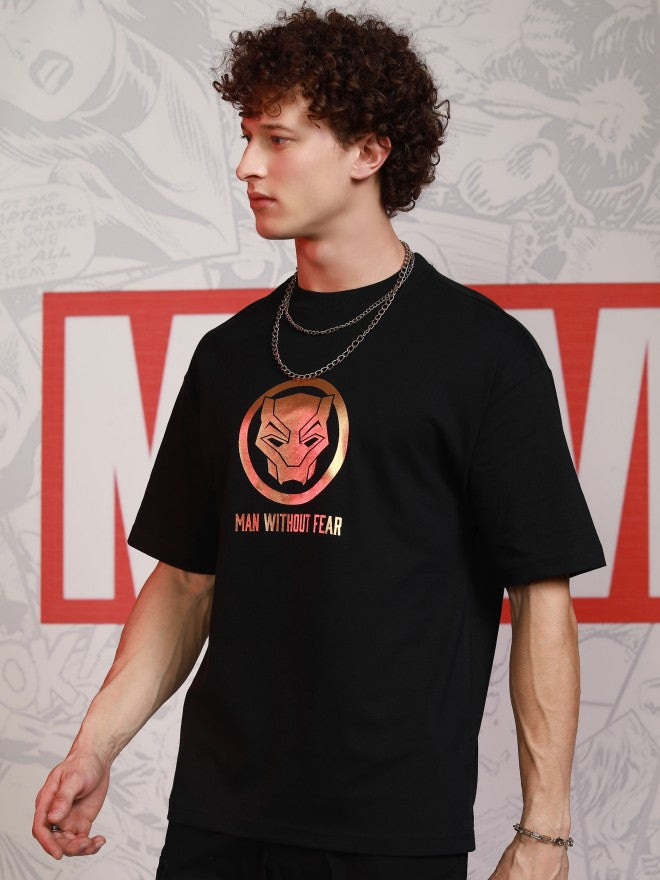 Marvel By Highlander Men Black Black Panther Printed Round Neck Oversized Fit T-Shirt - Black - Image 4