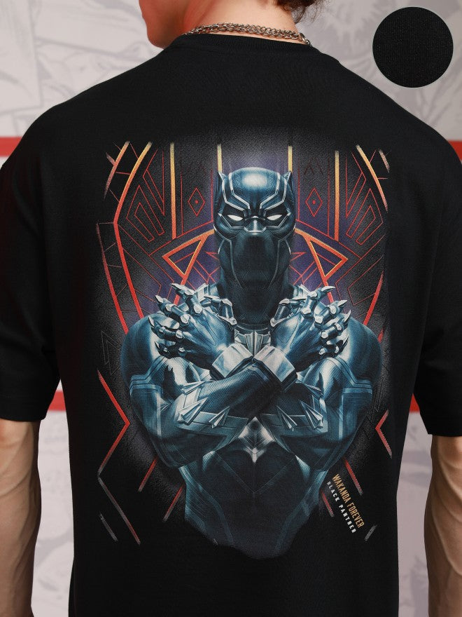Marvel By Highlander Men Black Black Panther Printed Round Neck Oversized Fit T-Shirt - Black - Image 5