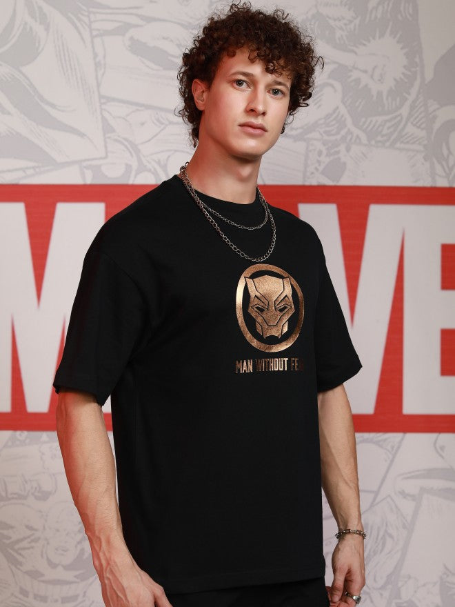 Marvel By Highlander Men Black Black Panther Printed Round Neck Oversized Fit T-Shirt - Black - Image 6