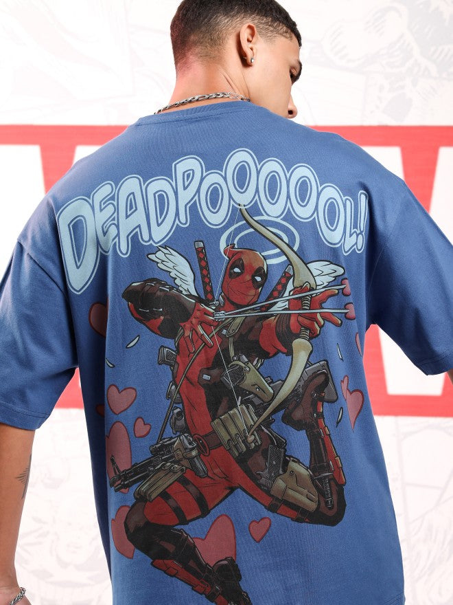 Marvel By Highlander Men Blue Deadpool Printed Round Neck Oversized Fit T-Shirt - Blue - Image 1