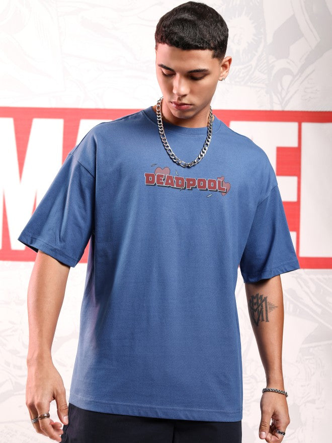 Marvel By Highlander Men Blue Deadpool Printed Round Neck Oversized Fit T-Shirt - Blue - Image 3