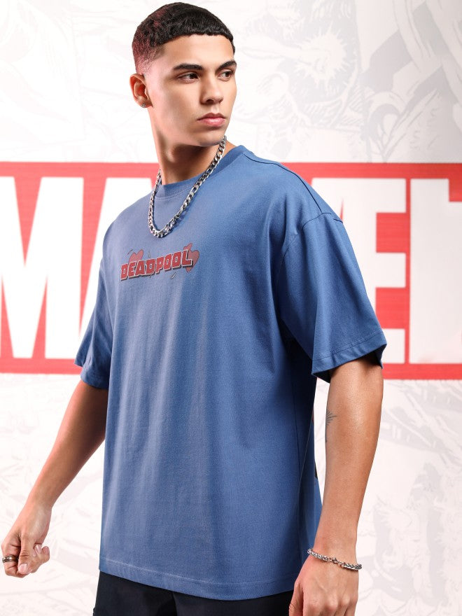 Marvel By Highlander Men Blue Deadpool Printed Round Neck Oversized Fit T-Shirt - Blue - Image 4