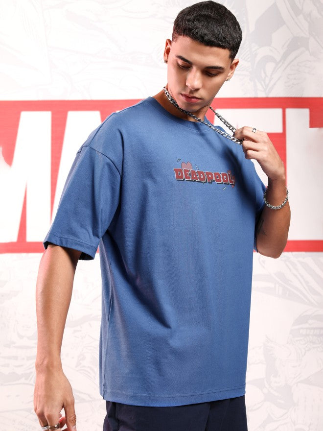 Marvel By Highlander Men Blue Deadpool Printed Round Neck Oversized Fit T-Shirt - Blue - Image 6