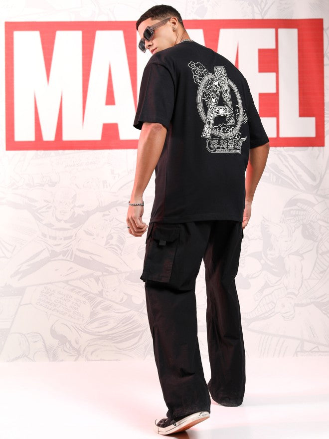 Marvel By Highlander Men Black Avengers Printed Round Neck Oversized Fit T-Shirt - Black - Image 2