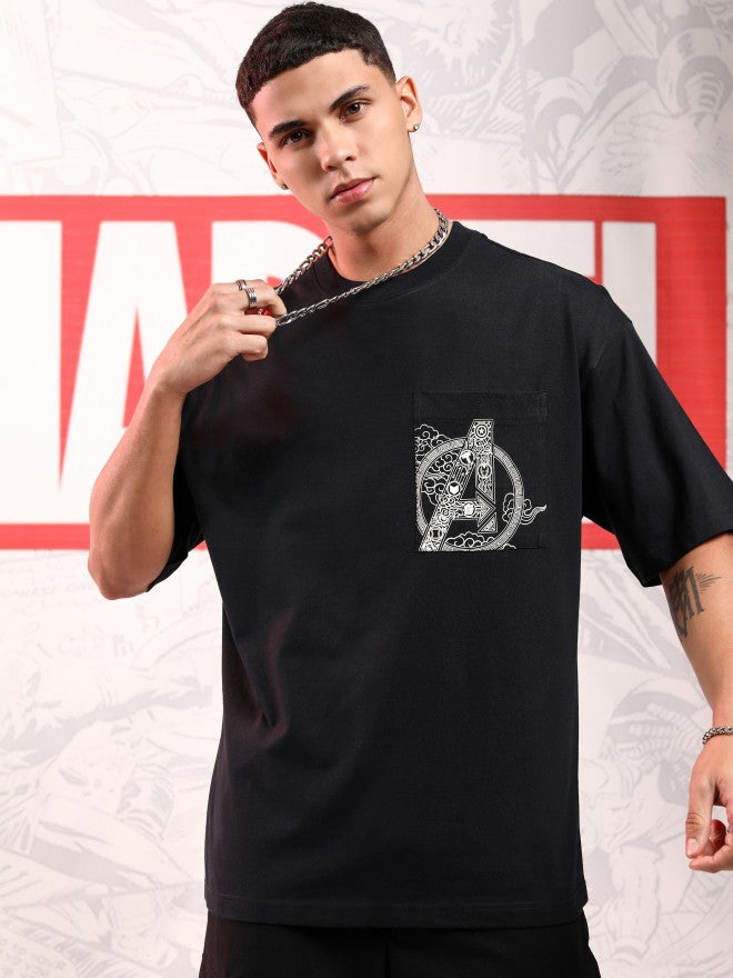 Marvel By Highlander Men Black Avengers Printed Round Neck Oversized Fit T-Shirt - Black - Image 3