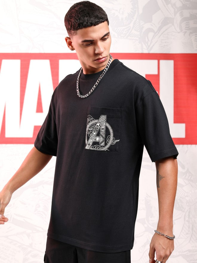 Marvel By Highlander Men Black Avengers Printed Round Neck Oversized Fit T-Shirt - Black - Image 4