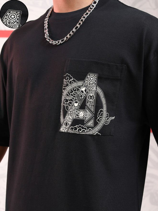 Marvel By Highlander Men Black Avengers Printed Round Neck Oversized Fit T-Shirt - Black - Image 5