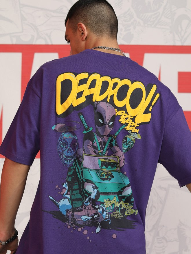 Marvel By Highlander Men Purple Deadpool Printed Round Neck Oversized Fit T-Shirt - Purple - Image 1