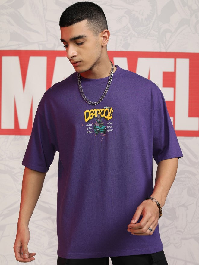 Marvel By Highlander Men Purple Deadpool Printed Round Neck Oversized Fit T-Shirt - Purple - Image 3