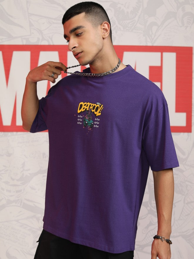 Marvel By Highlander Men Purple Deadpool Printed Round Neck Oversized Fit T-Shirt - Purple - Image 4