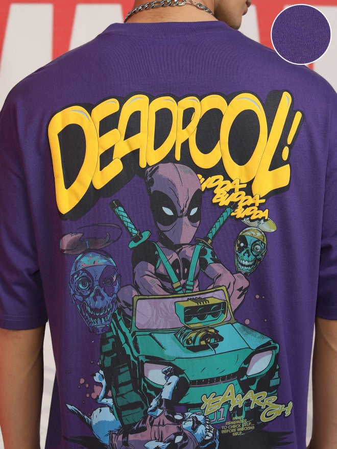 Marvel By Highlander Men Purple Deadpool Printed Round Neck Oversized Fit T-Shirt - Purple - Image 5