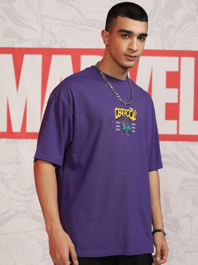 Marvel By Highlander Men Purple Deadpool Printed Round Neck Oversized Fit T-Shirt - Purple - Image 6
