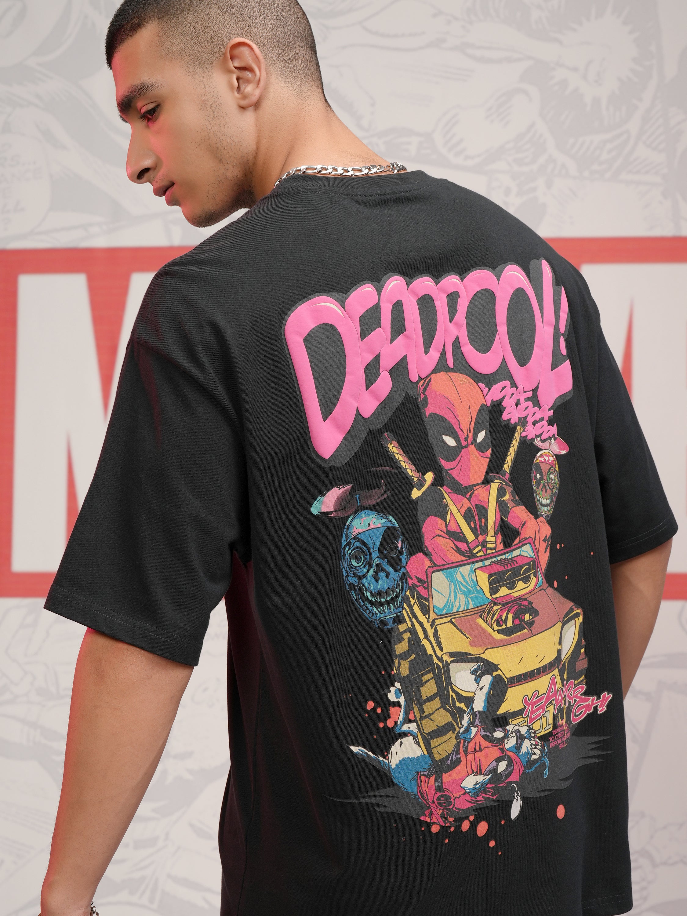Marvel By Highlander Men Black Deadpool Printed Round Neck Oversized Fit T-Shirt - Black - Image 1