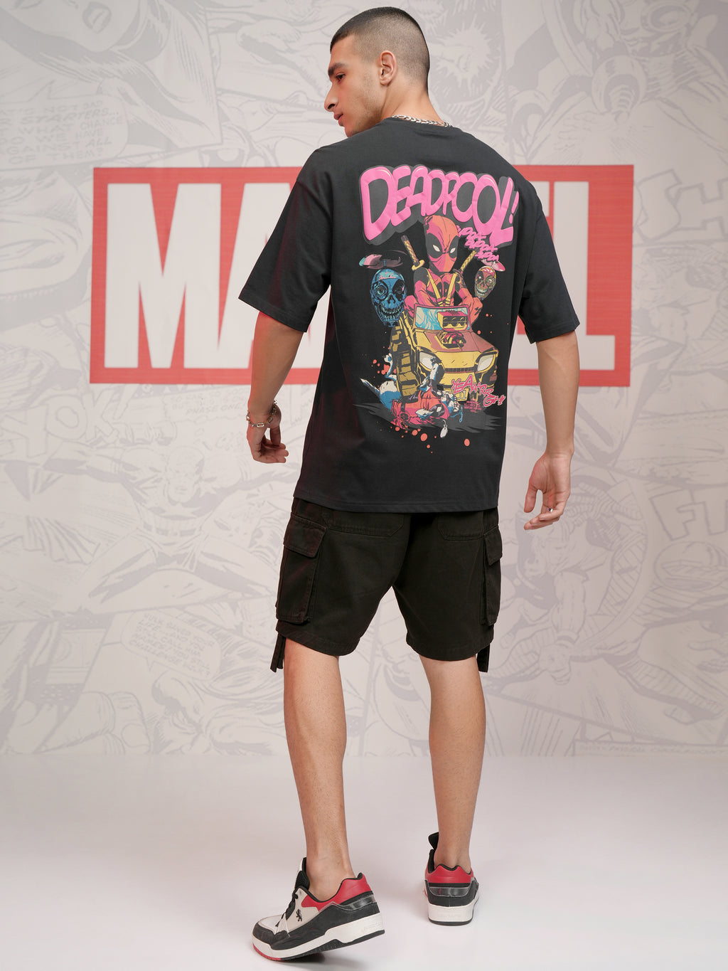 Marvel By Highlander Men Black Deadpool Printed Round Neck Oversized Fit T-Shirt - Black - Image 2