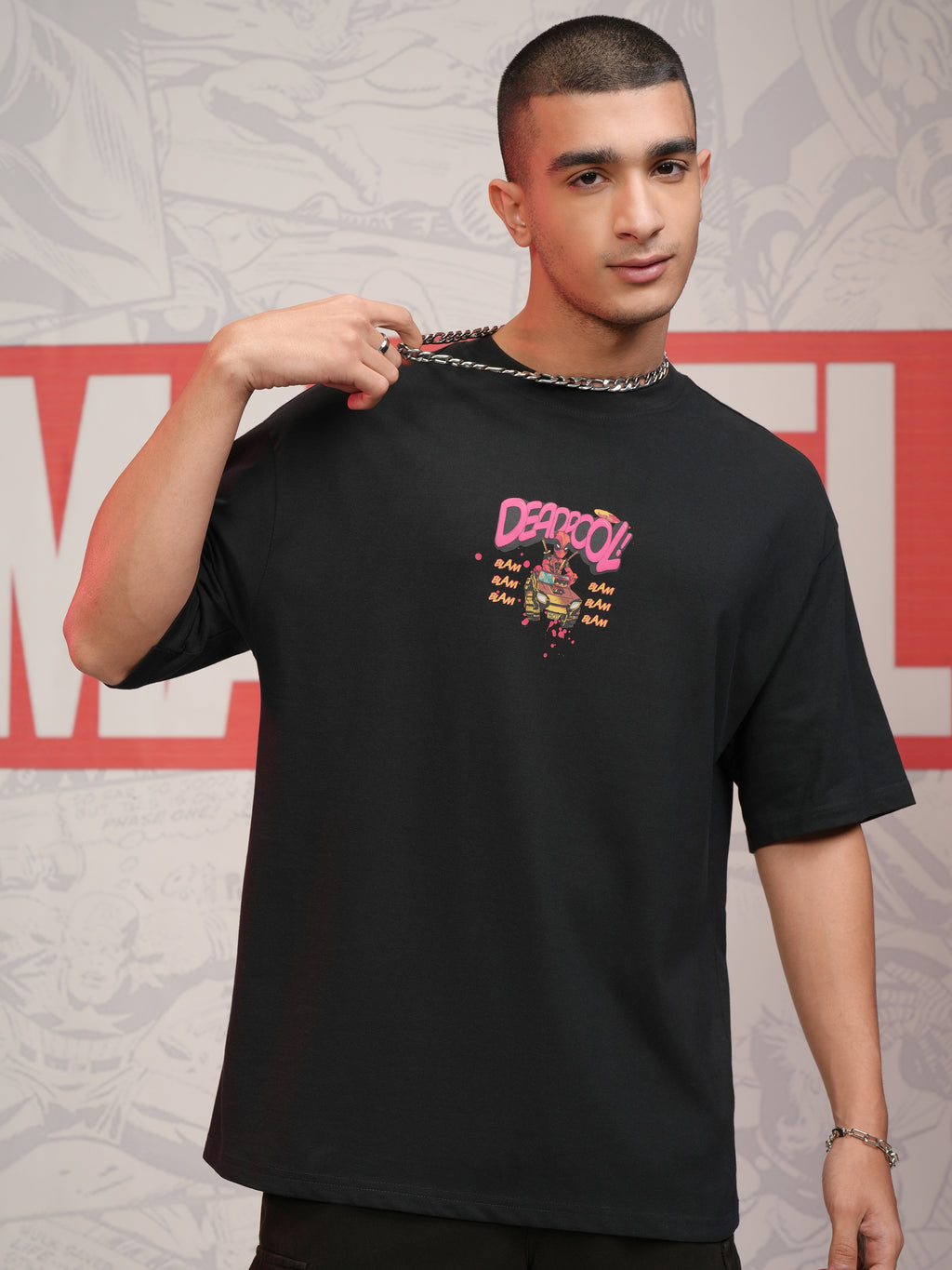 Marvel By Highlander Men Black Deadpool Printed Round Neck Oversized Fit T-Shirt - Black - Image 3