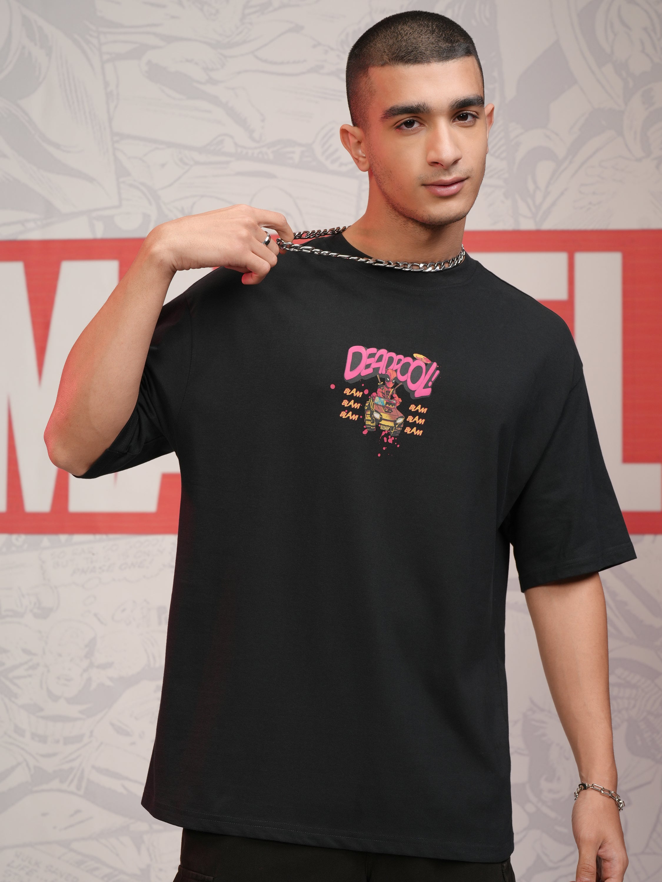 Marvel By Highlander Men Black Deadpool Printed Round Neck Oversized Fit T-Shirt - Black - Image 3