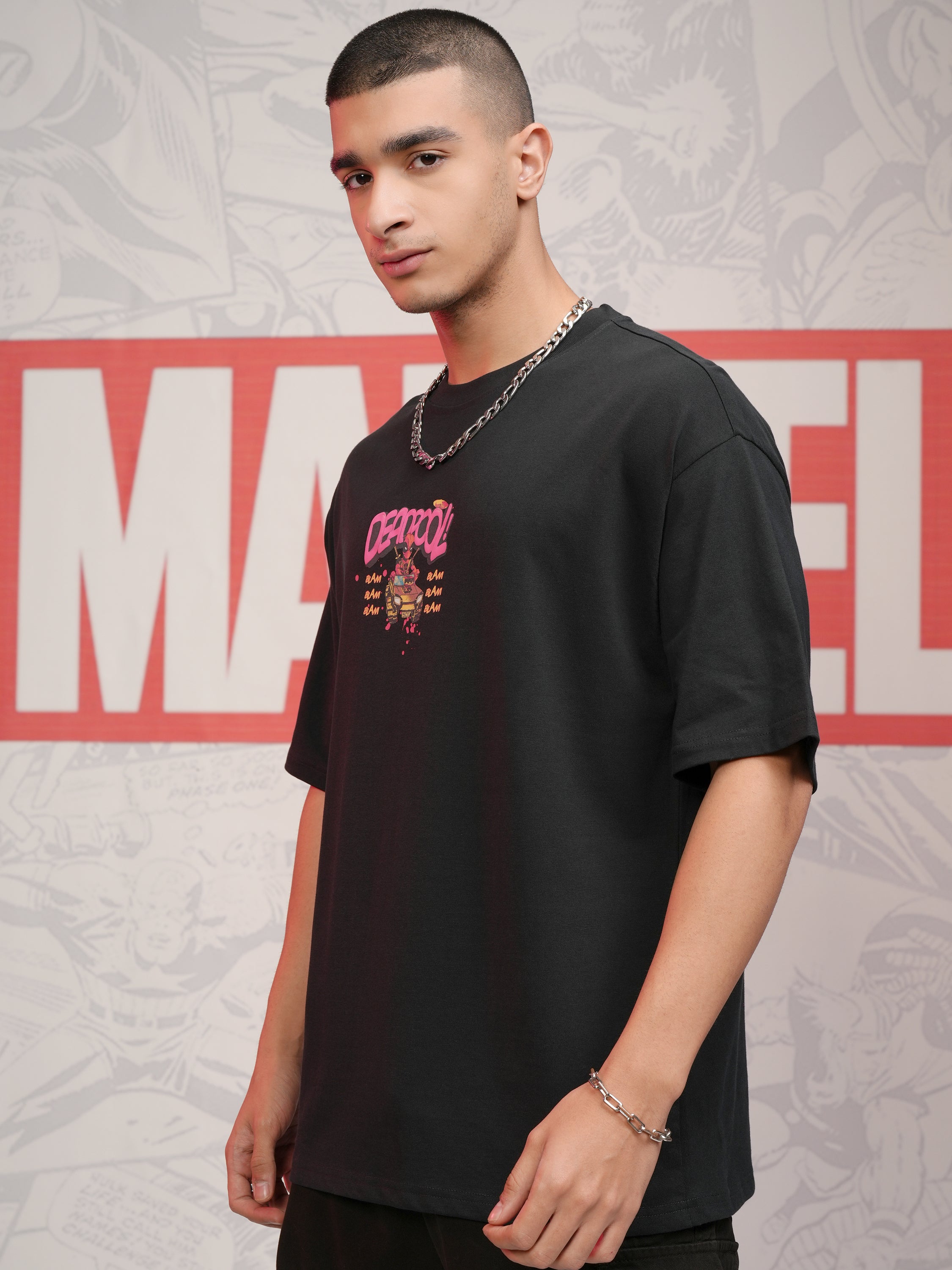 Marvel By Highlander Men Black Deadpool Printed Round Neck Oversized Fit T-Shirt - Black - Image 4