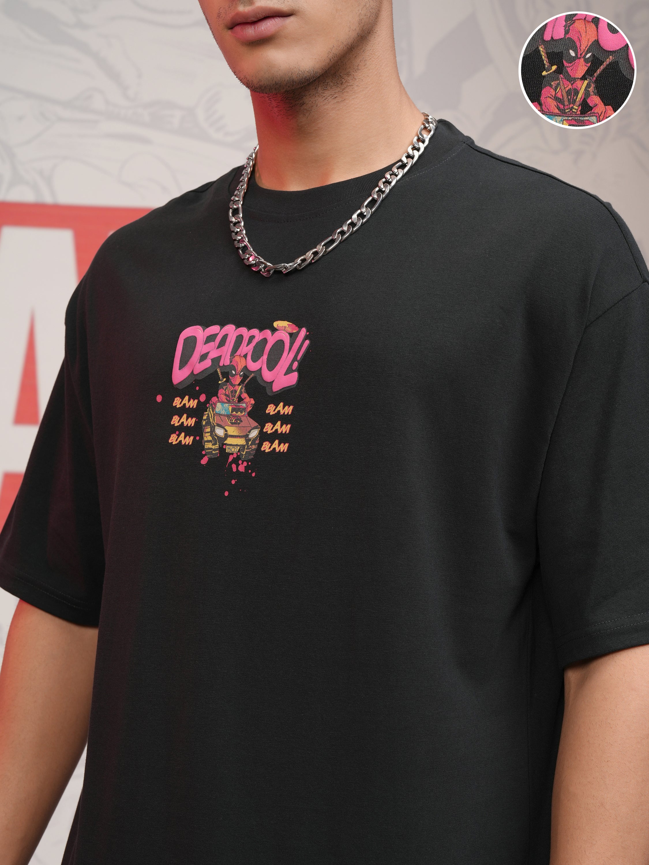 Marvel By Highlander Men Black Deadpool Printed Round Neck Oversized Fit T-Shirt - Black - Image 5
