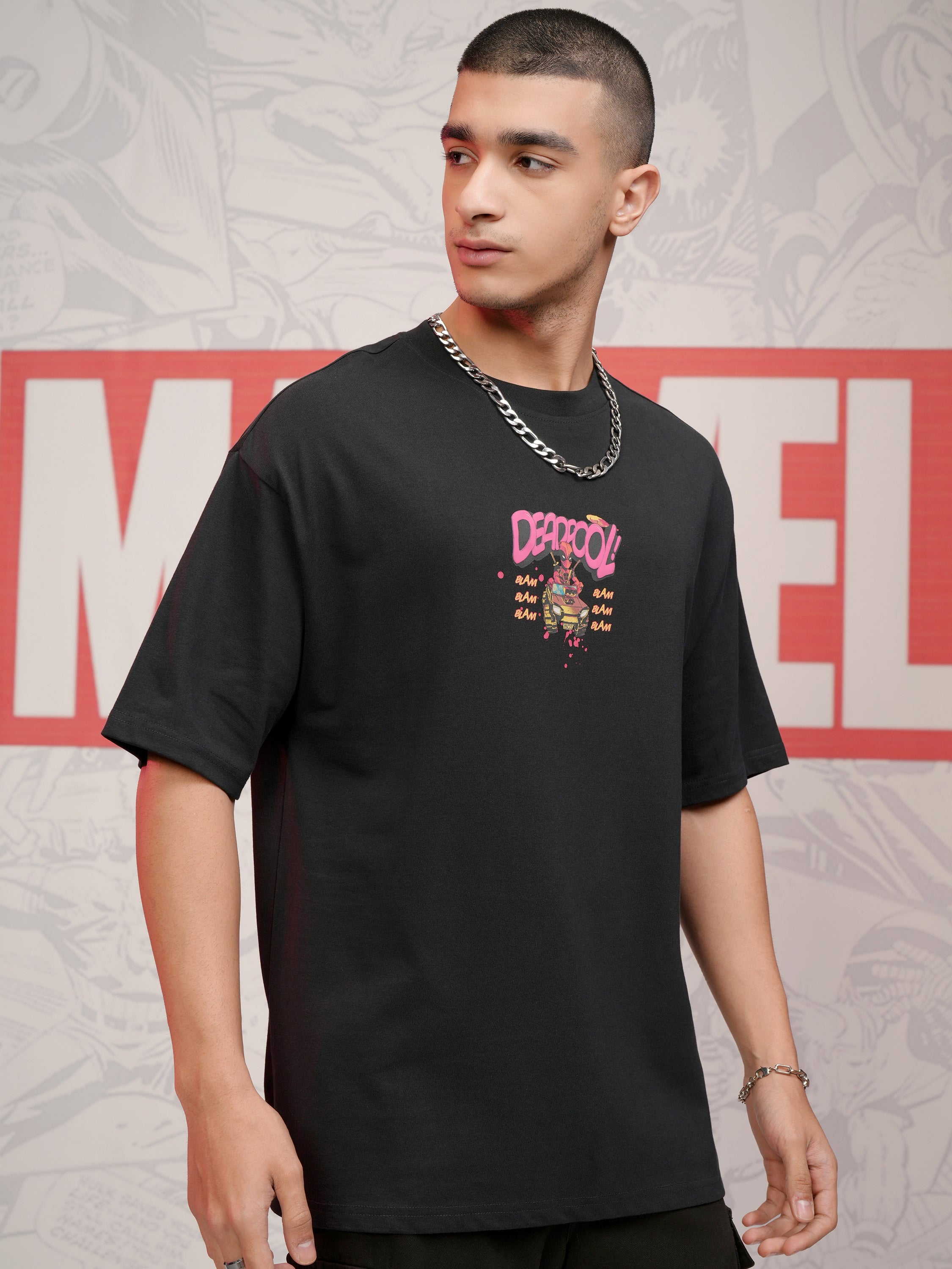Marvel By Highlander Men Black Deadpool Printed Round Neck Oversized Fit T-Shirt - Black - Image 6