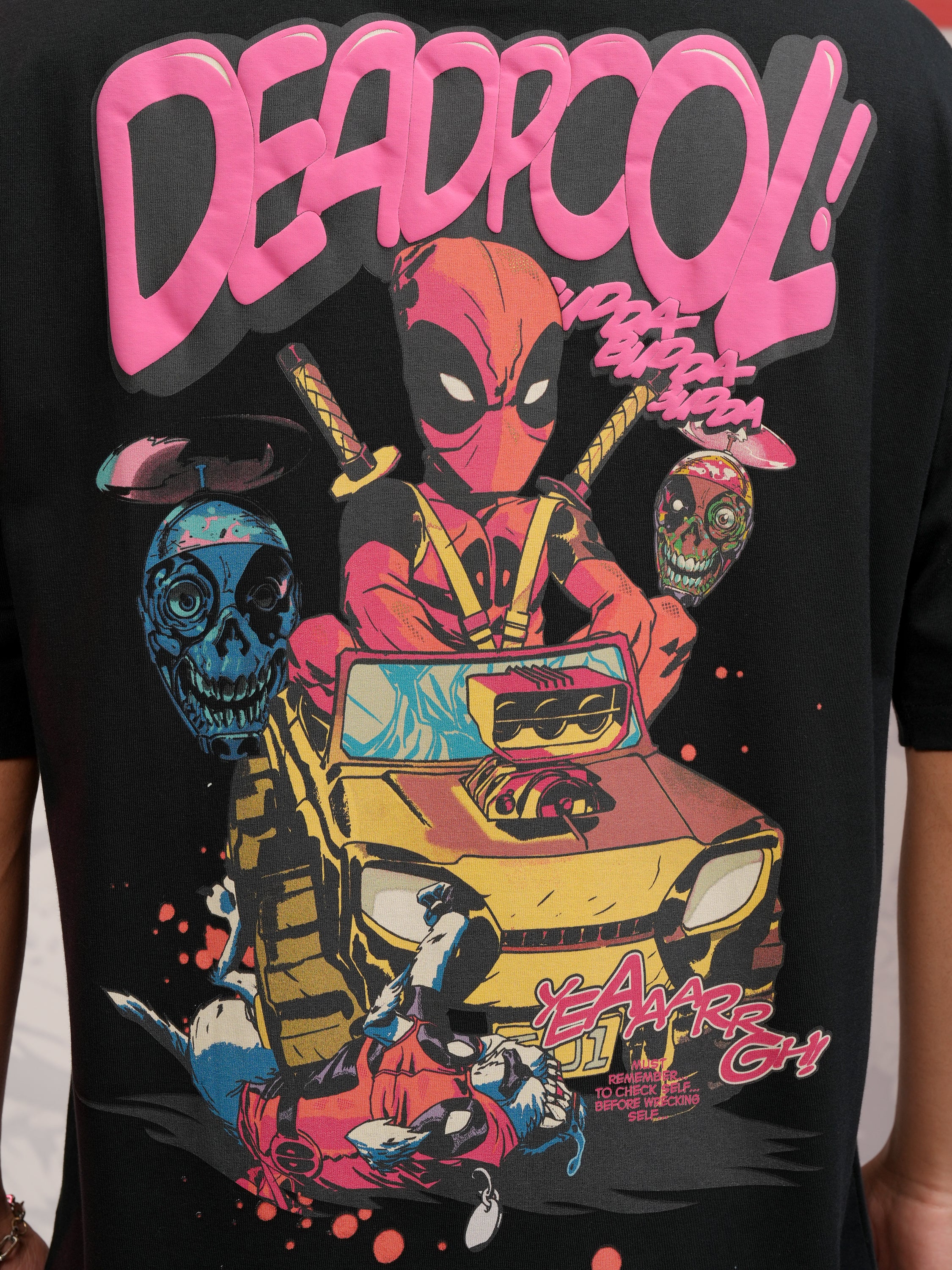 Marvel By Highlander Men Black Deadpool Printed Round Neck Oversized Fit T-Shirt - Black - Image 7