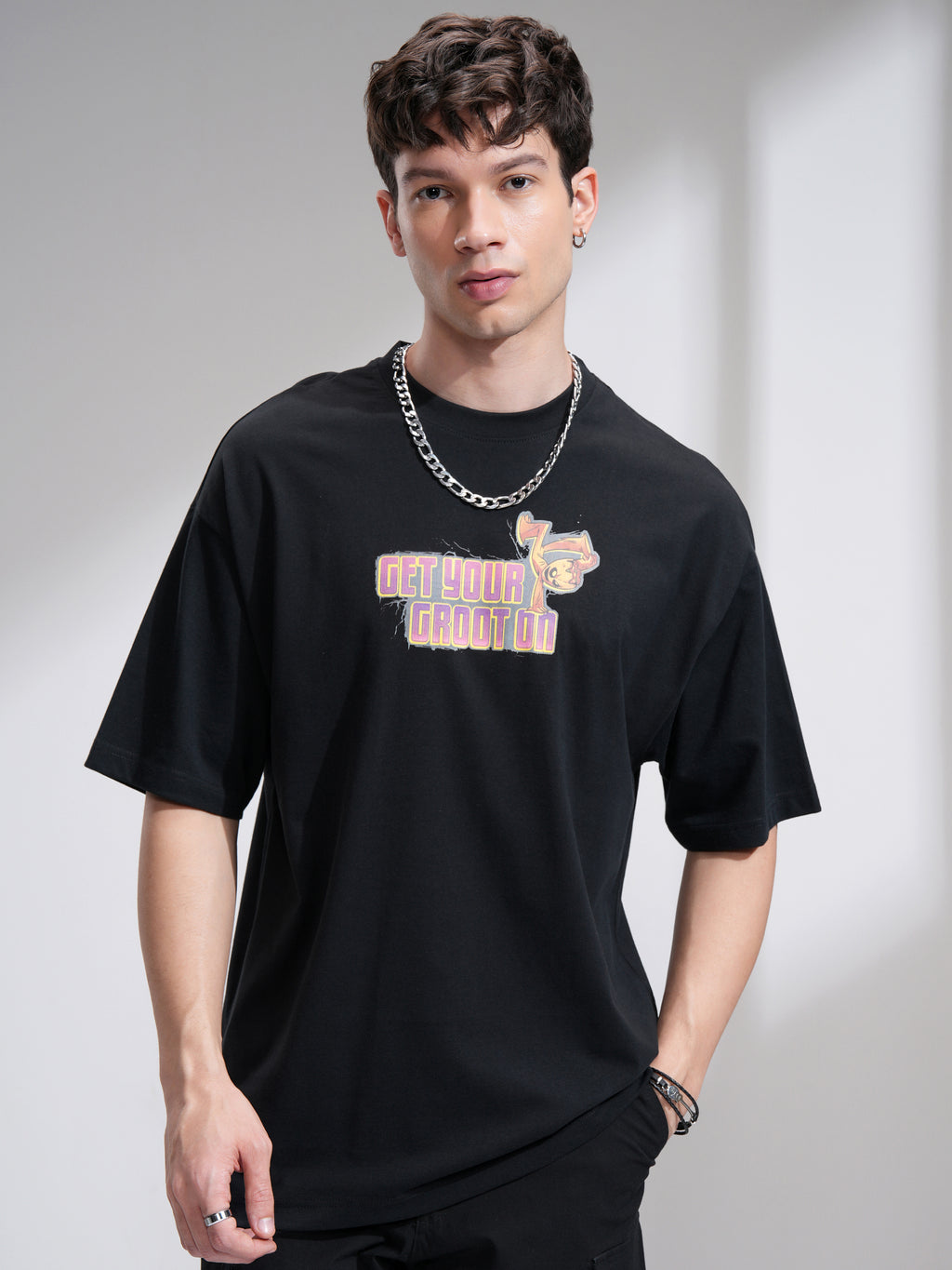 Marvel By Highlander Men Black Groot Printed Round Neck Oversized Fit T-Shirt - Black - Image 3
