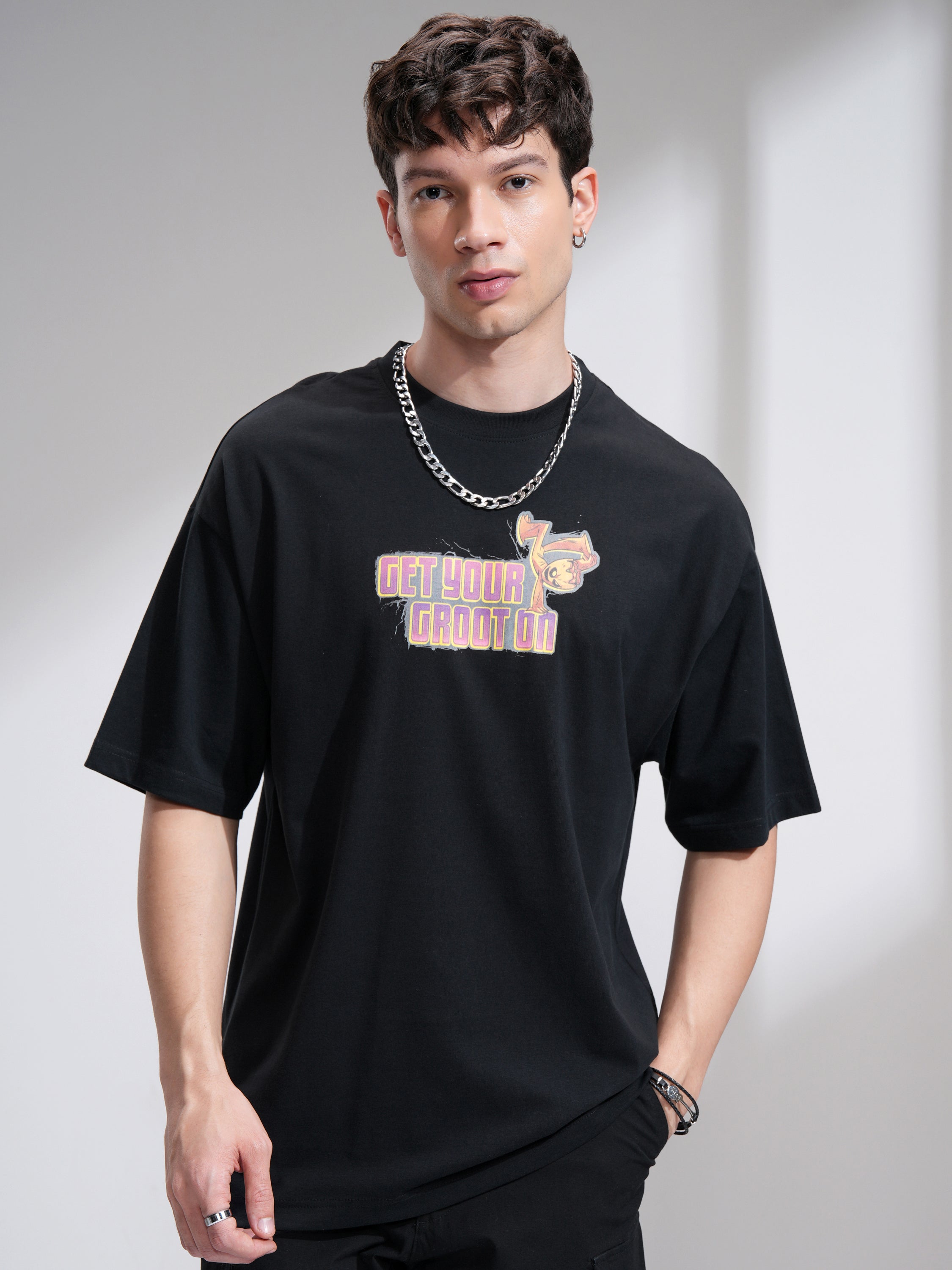 Marvel By Highlander Men Black Groot Printed Round Neck Oversized Fit T-Shirt - Black - Image 3