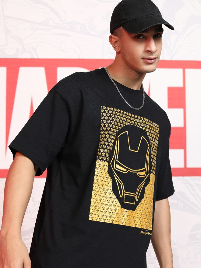 Marvel By Highlander Men Black Iron Man Printed Round Neck Oversized Fit T-Shirt - Black - Image 1
