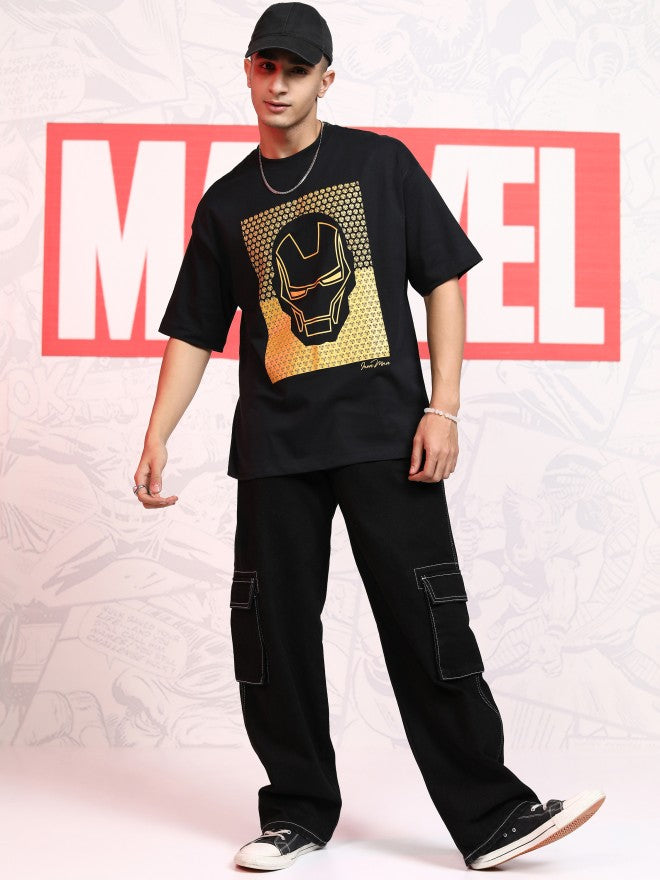 Marvel By Highlander Men Black Iron Man Printed Round Neck Oversized Fit T-Shirt - Black - Image 2