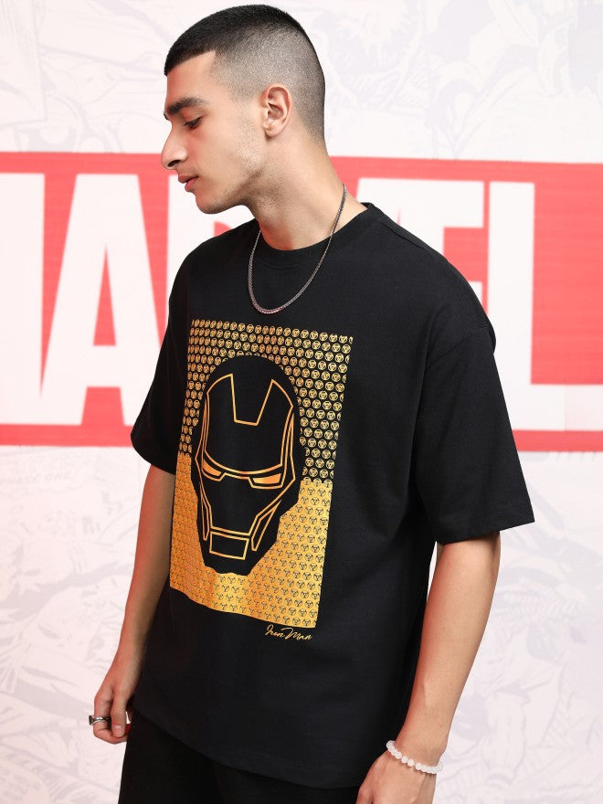 Marvel By Highlander Men Black Iron Man Printed Round Neck Oversized Fit T-Shirt - Black - Image 4