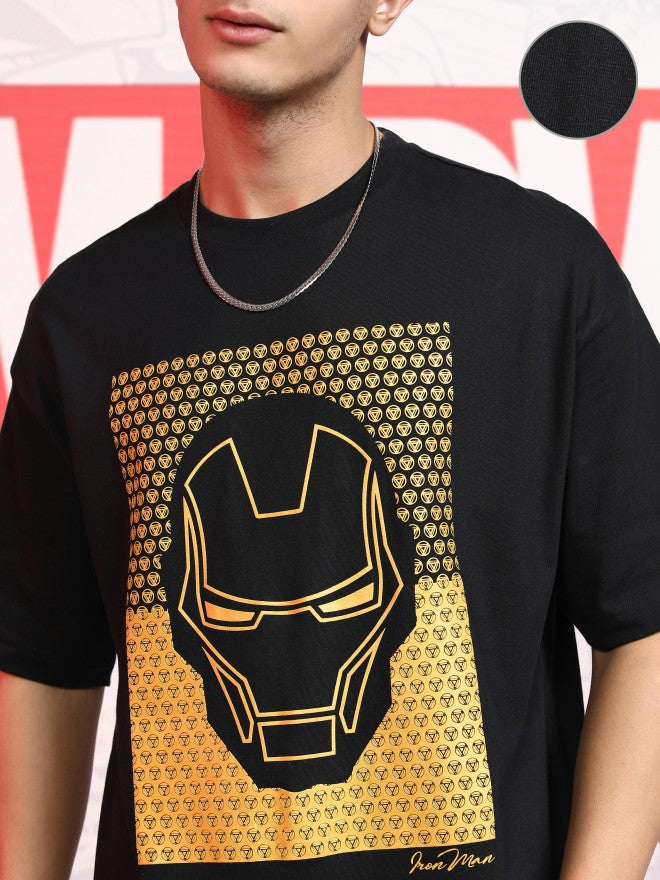 Marvel By Highlander Men Black Iron Man Printed Round Neck Oversized Fit T-Shirt - Black - Image 5