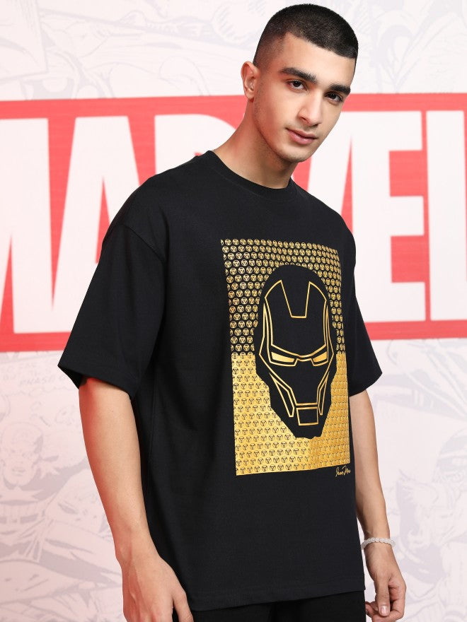 Marvel By Highlander Men Black Iron Man Printed Round Neck Oversized Fit T-Shirt - Black - Image 6