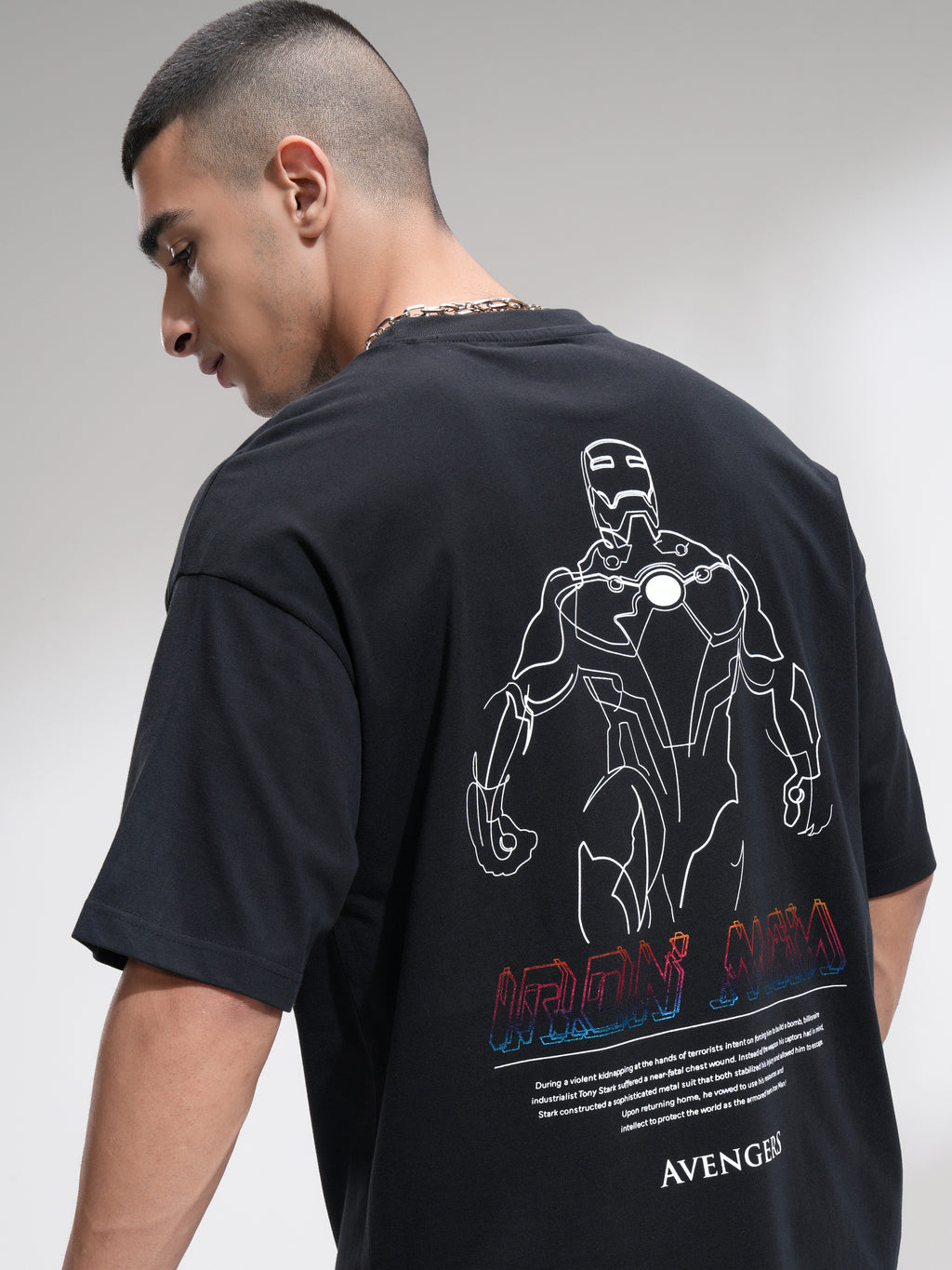 Marvel By Highlander Men Black Iron Man Printed Round Neck Oversized Fit T-Shirt - Black - Image 1