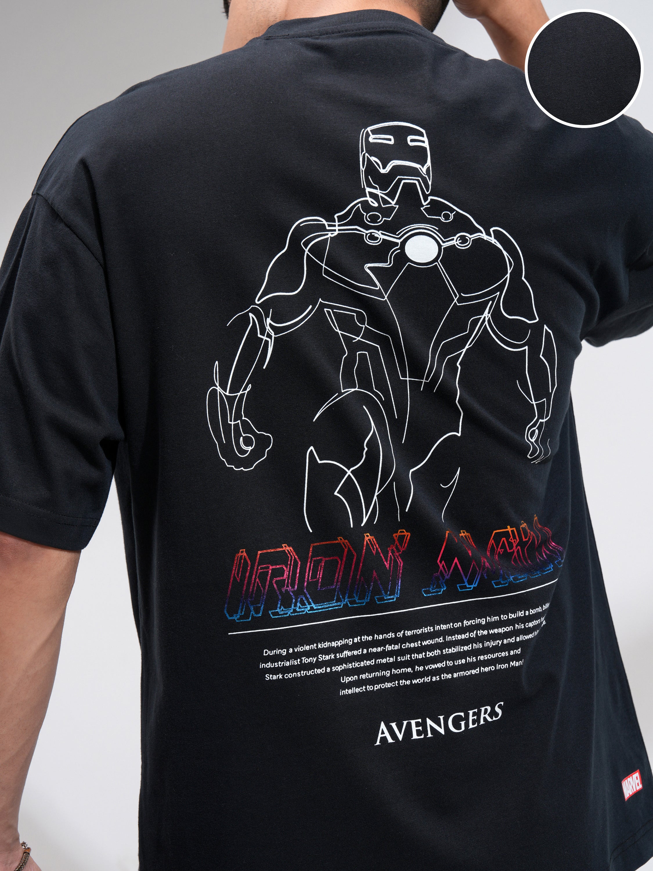 Marvel By Highlander Men Black Iron Man Printed Round Neck Oversized Fit T-Shirt - Black - Image 5