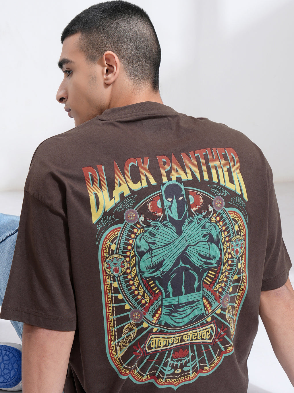 Marvel By Highlander Men Brown Black Panther Printed Round Neck Oversized Fit T-Shirt - Brown - Image 1