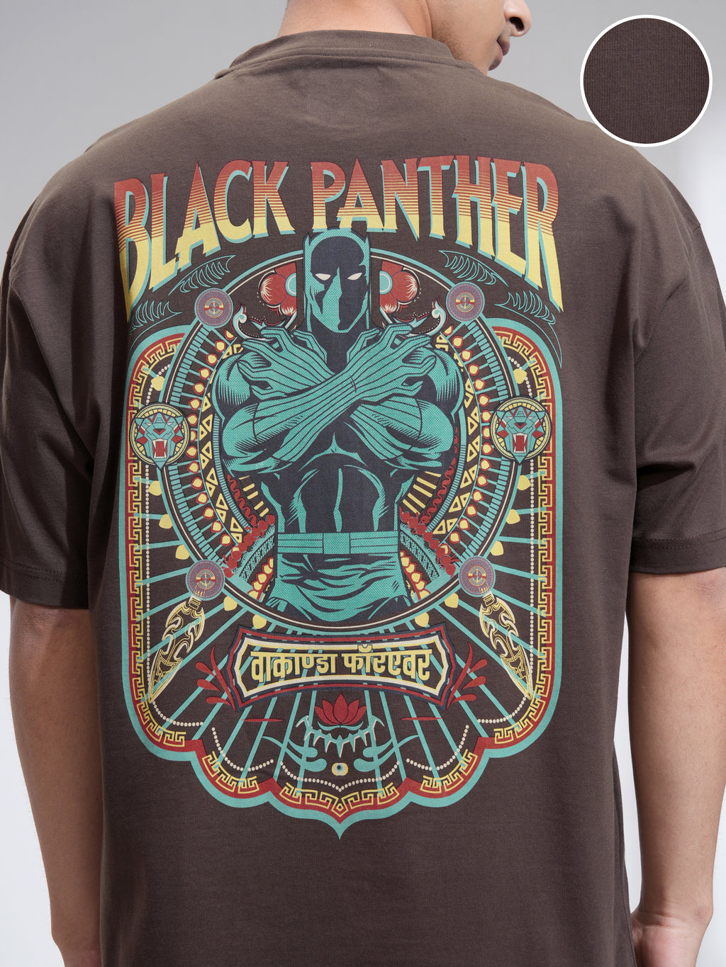 Marvel By Highlander Men Brown Black Panther Printed Round Neck Oversized Fit T-Shirt - Brown - Image 5