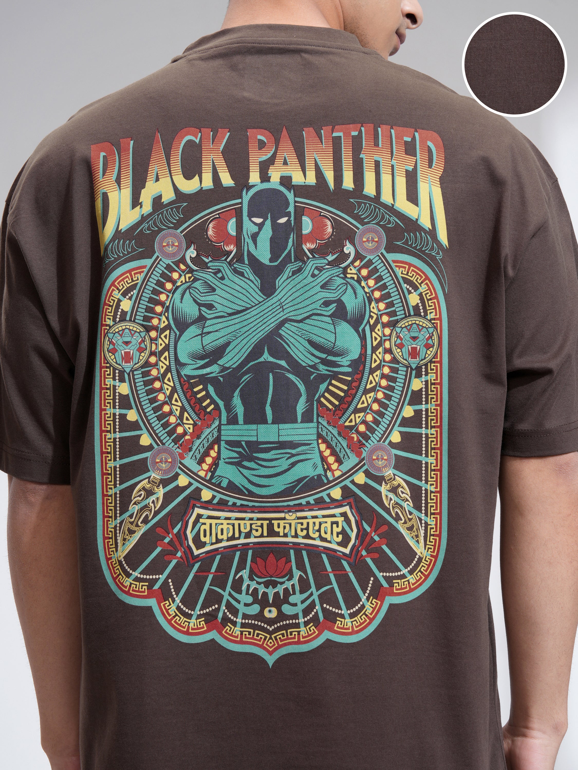 Marvel By Highlander Men Brown Black Panther Printed Round Neck Oversized Fit T-Shirt - Brown - Image 5