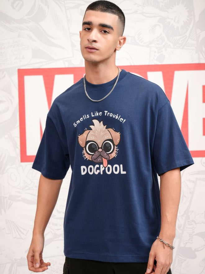 Marvel By Highlander Men Navy Blue Dogpool Printed Round Neck Oversized Fit T-Shirt - Navy Blue - Image 3