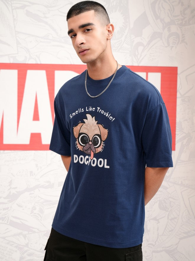 Marvel By Highlander Men Navy Blue Dogpool Printed Round Neck Oversized Fit T-Shirt - Navy Blue - Image 4