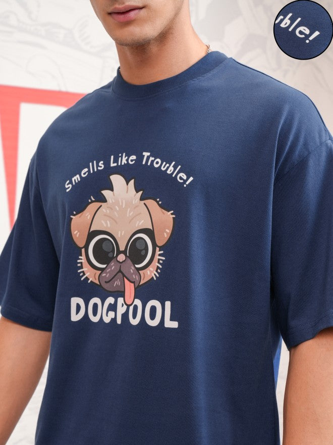 Marvel By Highlander Men Navy Blue Dogpool Printed Round Neck Oversized Fit T-Shirt - Navy Blue - Image 5