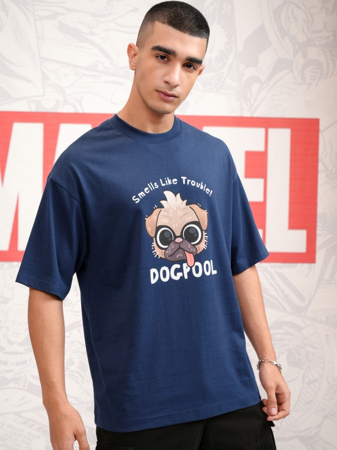 Marvel By Highlander Men Navy Blue Dogpool Printed Round Neck Oversized Fit T-Shirt - Navy Blue - Image 6